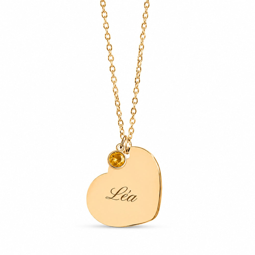 Collier Amor cœur gravé Léa avec pierre de naissance, plaqué or