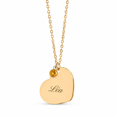 Collier Amor cœur gravé Léa avec pierre de naissance, plaqué or