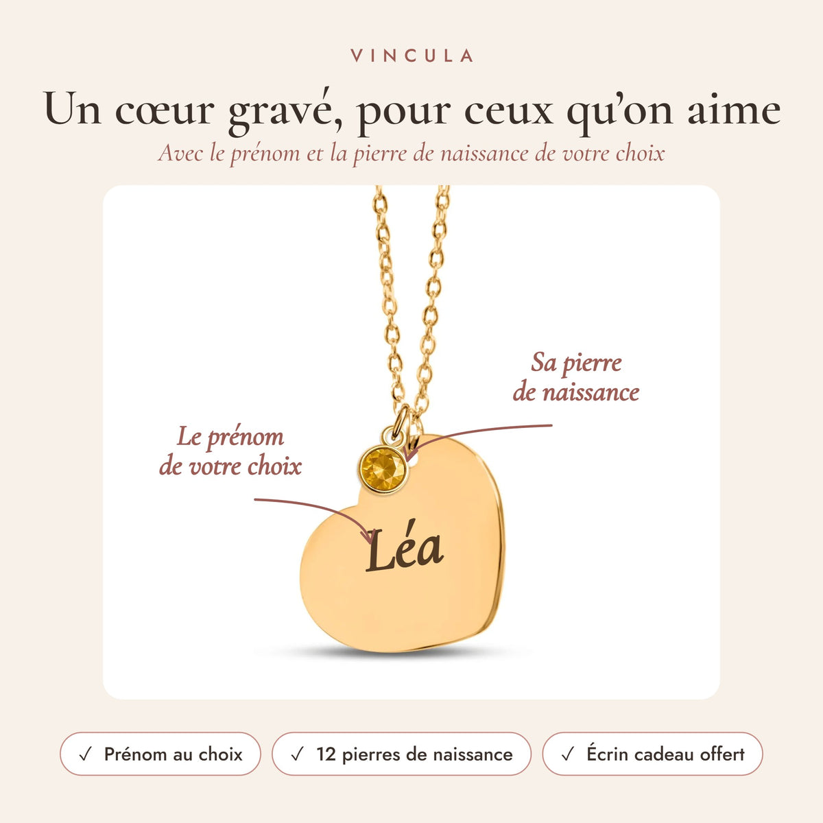 Collier cœur gravé avec prénom et pierre de naissance