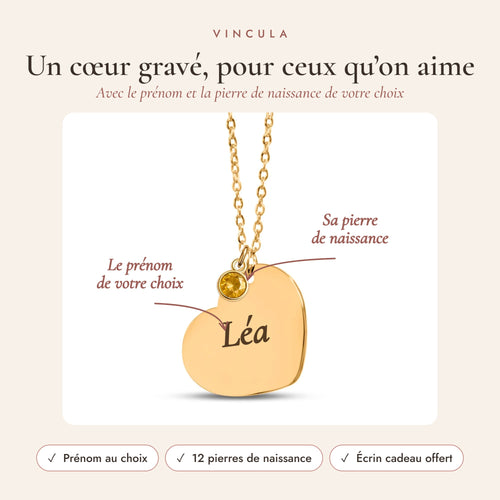Collier cœur gravé avec prénom et pierre de naissance