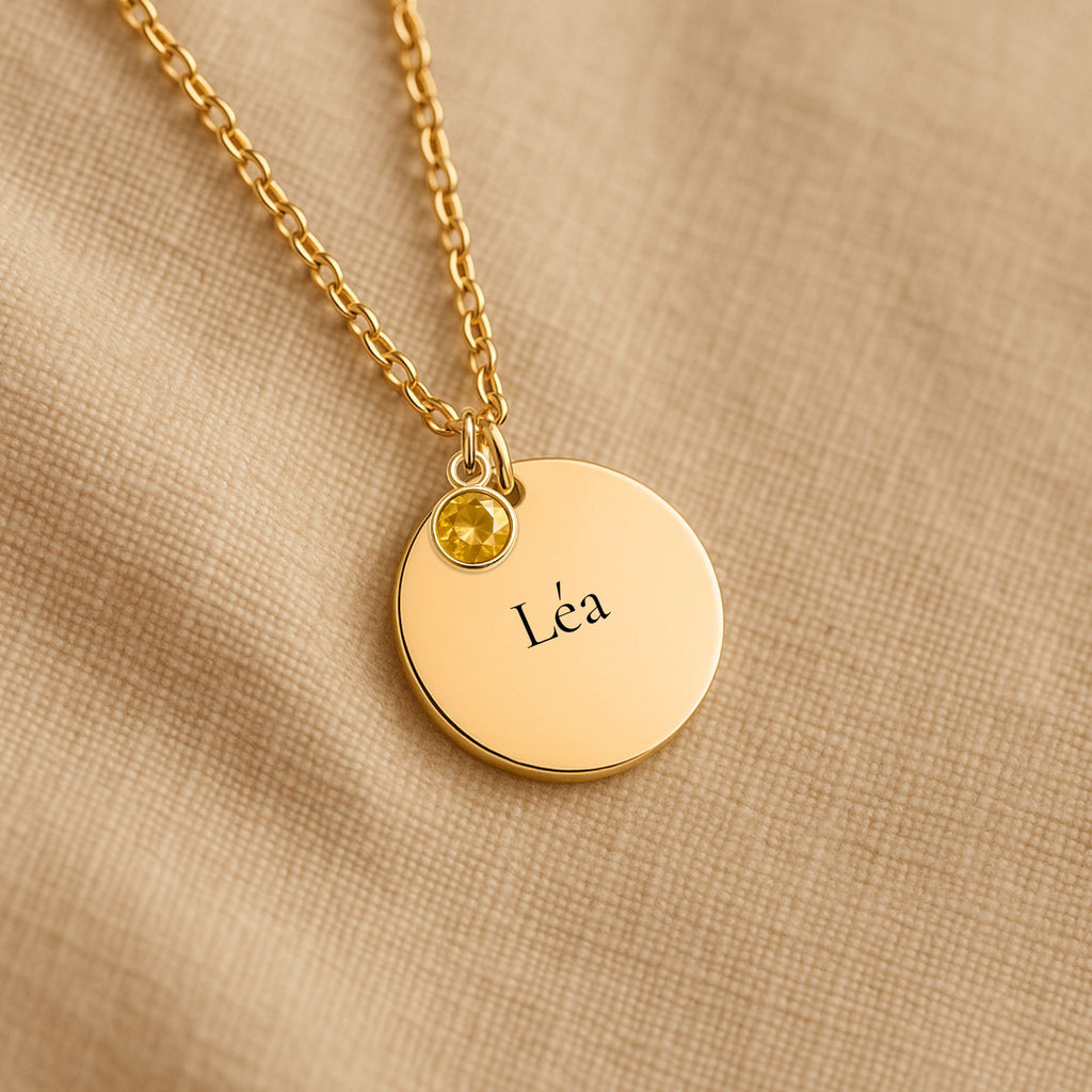 Luna – collier médaille gravée & pierre de naissance, Vincula