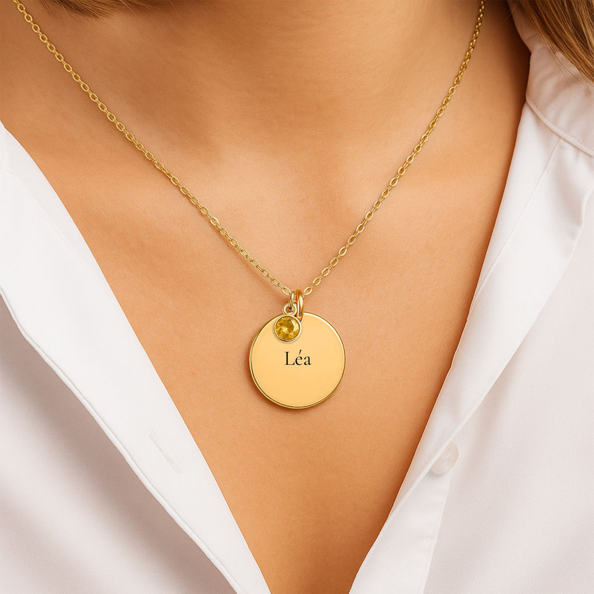 Luna – collier médaille gravée & pierre de naissance, Vincula
