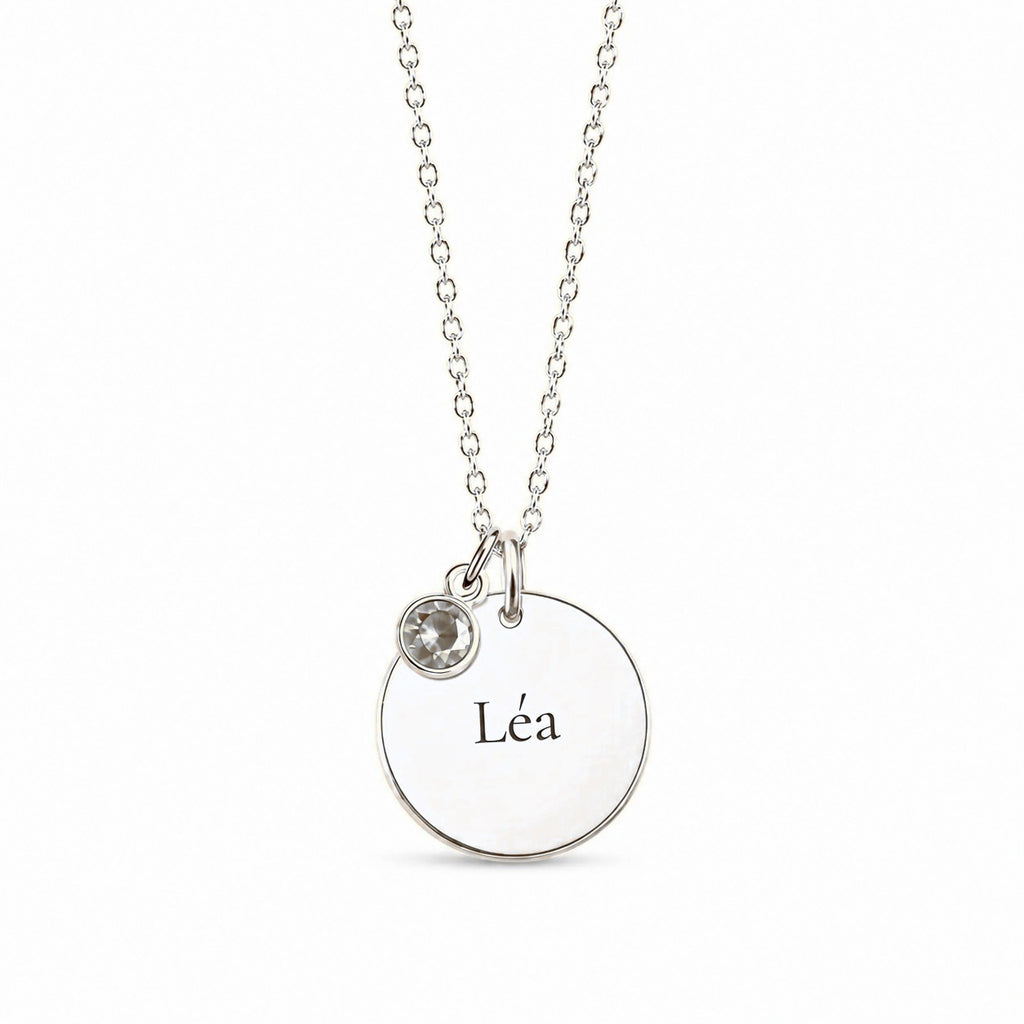 Luna – collier médaille gravée, acier argenté