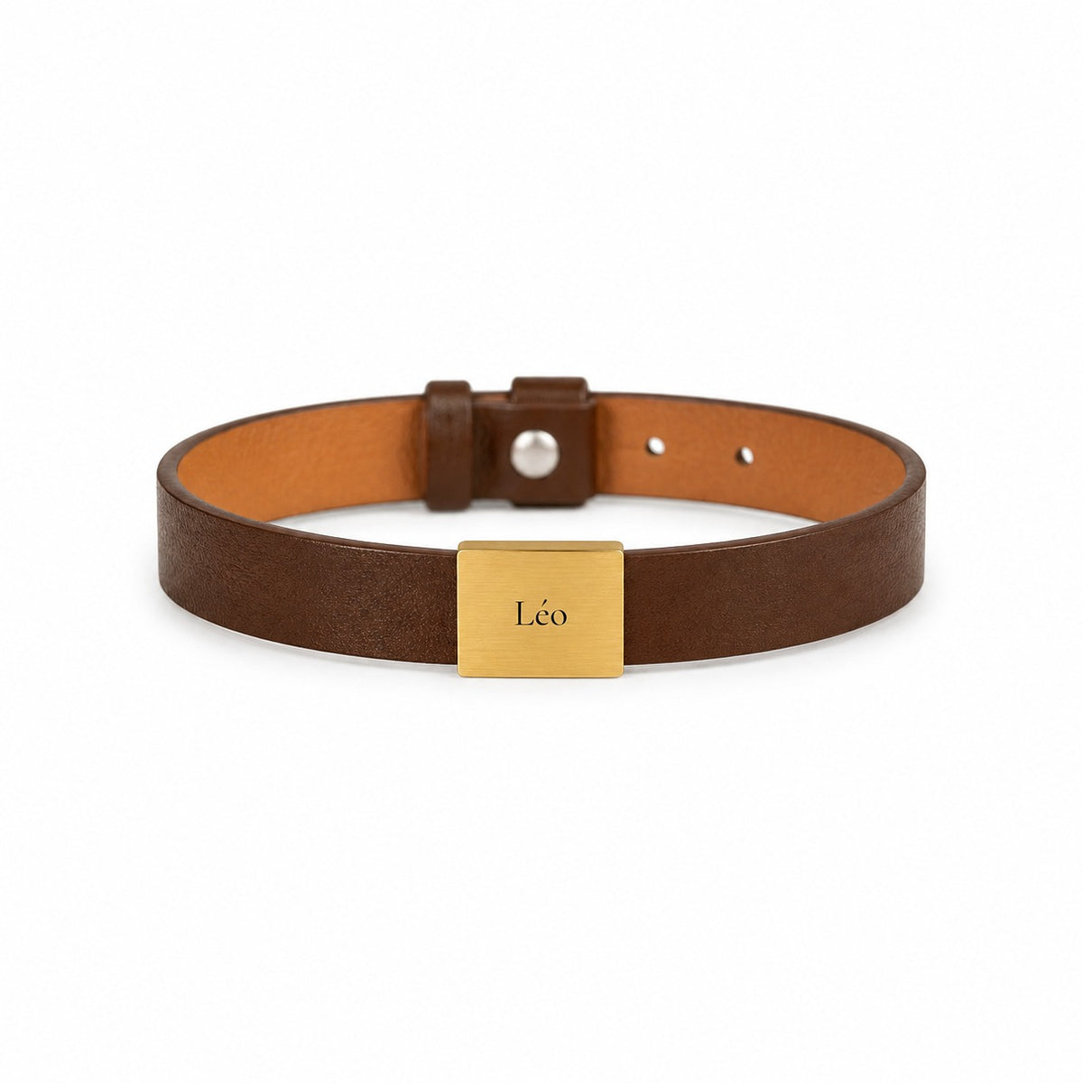 Vir – bracelet cuir homme gravé, plaque dorée