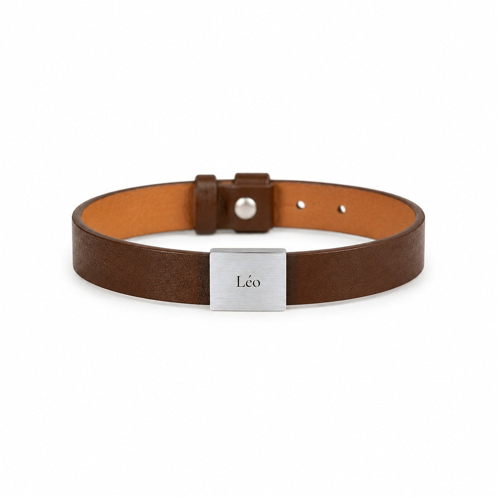 Vir – bracelet cuir homme gravé, plaque acier argenté