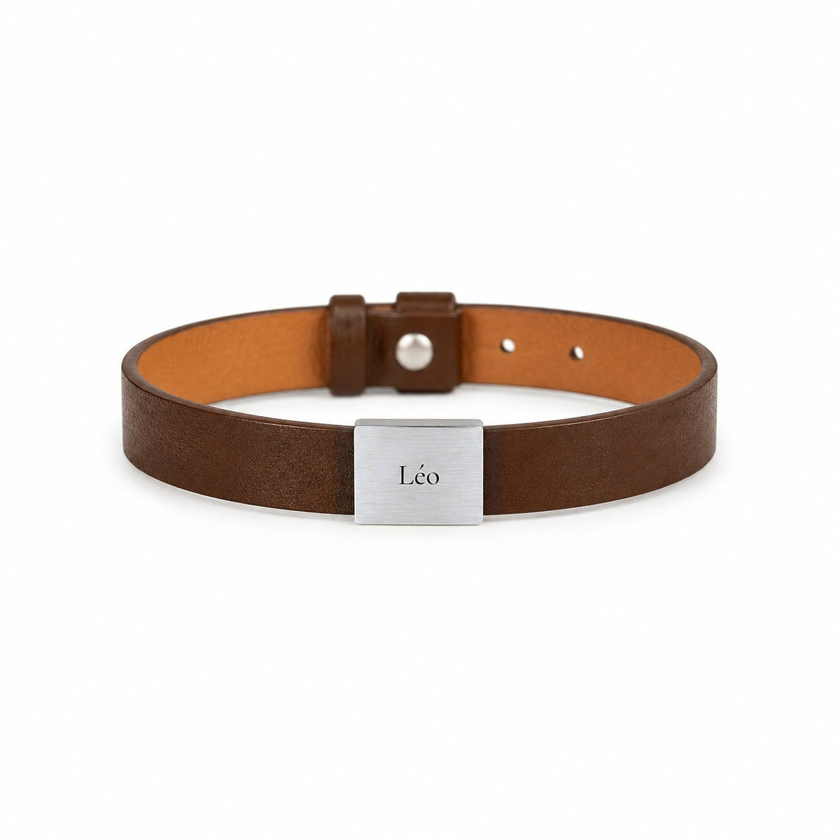 Vir – bracelet cuir homme gravé, plaque acier argenté